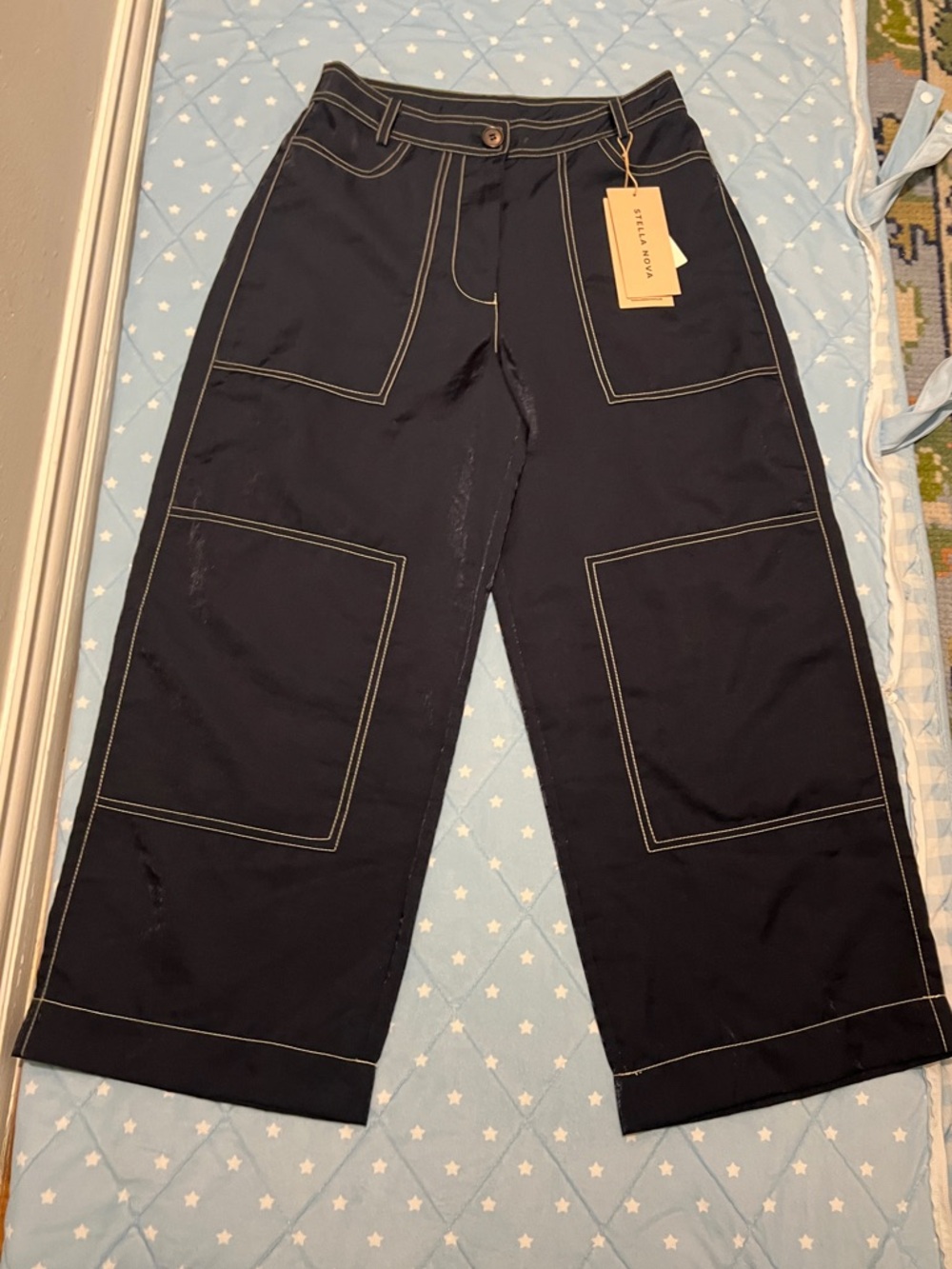 Anthropologie Stella Nova Navy Wide-Leg Cargo Pants with Contrast Stitch NWT